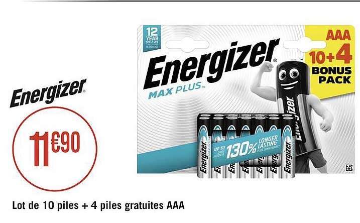 lot de 10 piles + 4 piles gratuites aaa energizer