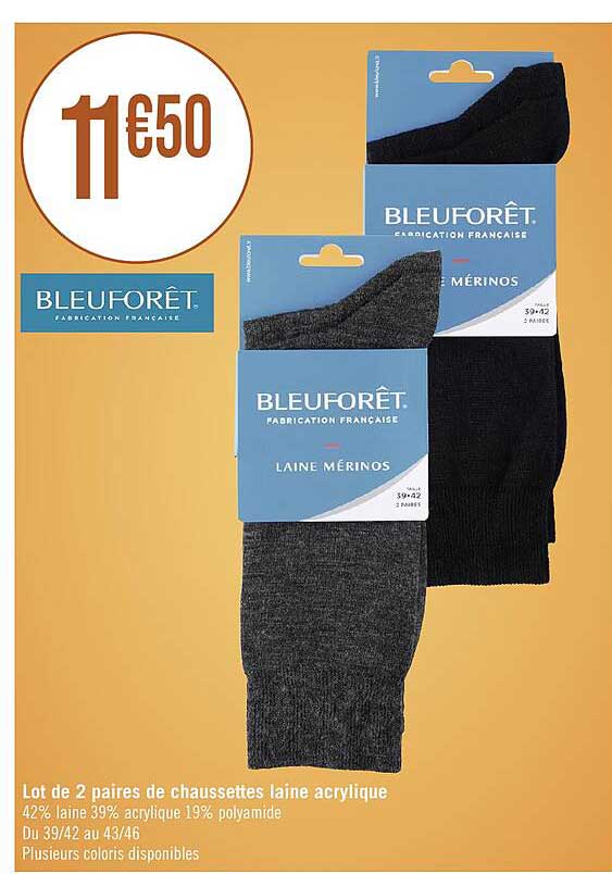 lot de 2 paires de chaussettes laine acrylique bleuforêt