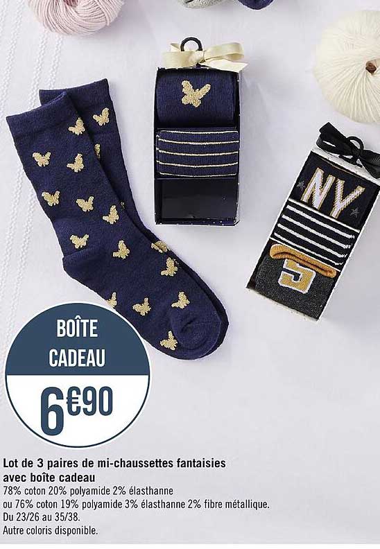 lot de 3 paires de mi-chaussettes fantaisies avec boîte cadeau