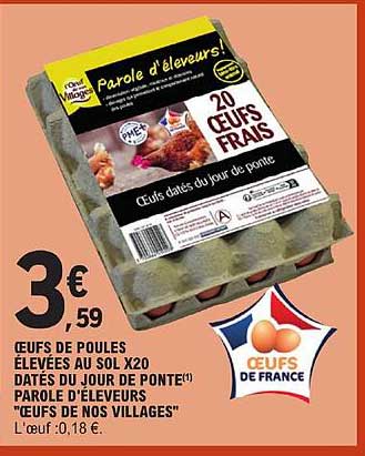 œufs de poules élevées au sol x20 datés du jour de ponte parole d'éleveurs "œufs de nos villages"