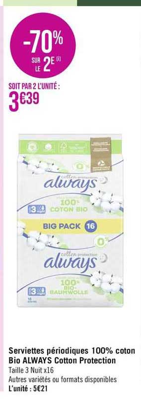 serviette périodiques 100% coton bio always cotton protection