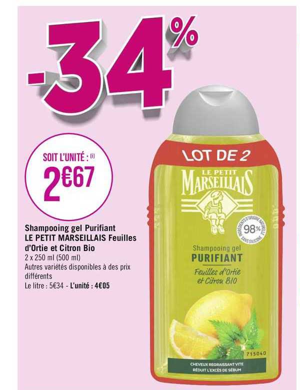 Shampooing Gel Purifiant Le Petit Marseillais Feuilles D'ortie Et Citron Bio