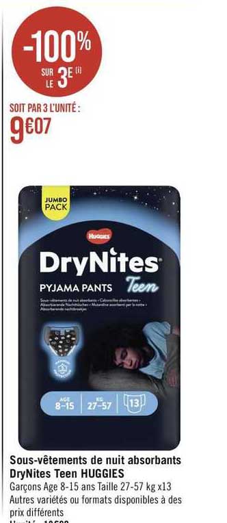 sous-vêtements de nuit absorbants dryNites teen huggies