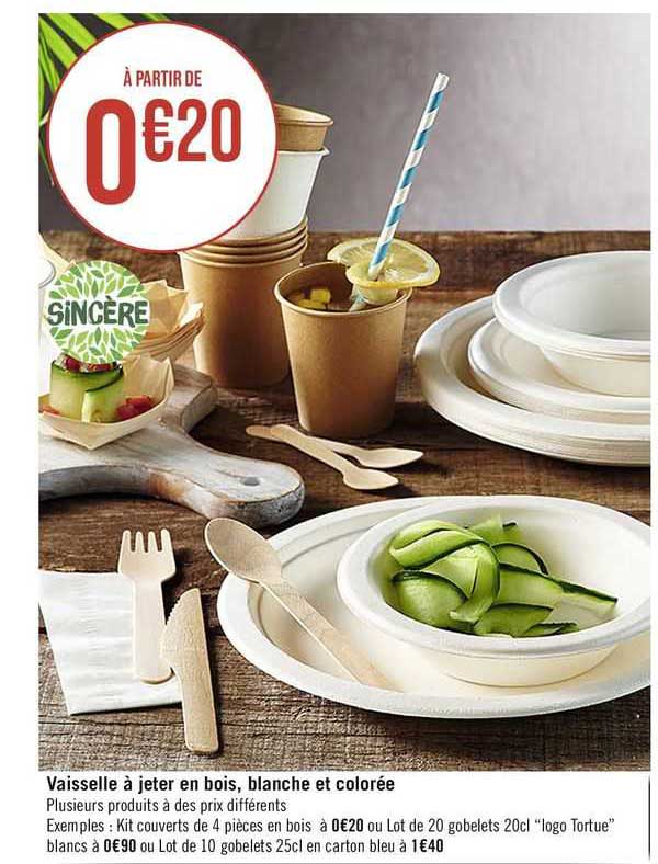 vaisselle à jeter en bois, blanche et colorée sincère