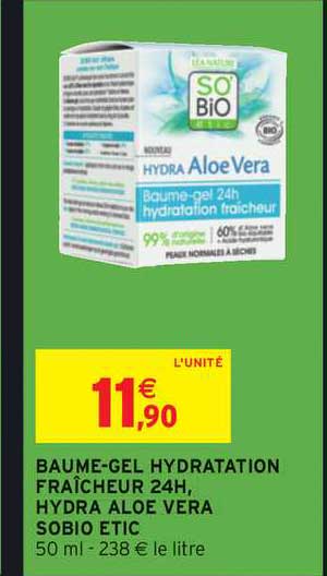 baume gel hydratation fraîcheur 24h, hydra aloe vera sobio etic