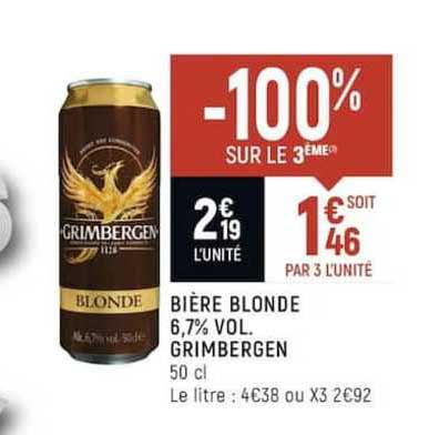 bière blonde 6.7% vol. grimbergen -100% sur le 3ème