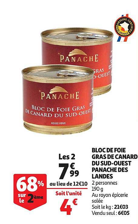 bloc de foie gras de canard du sud ouest panache des landes 68% sur le 2ème
