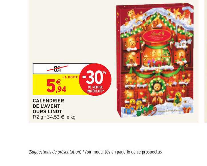 calendrier de l'avent ours lindt -30% de remise immédiate