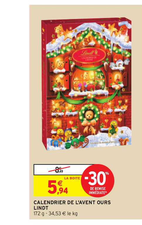 calendrier de l'avent ours lindt -30% de remise immédiate