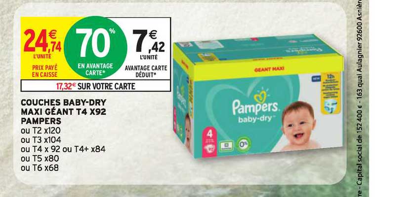 couches baby-dry maxi géant t4 x92 pampers
