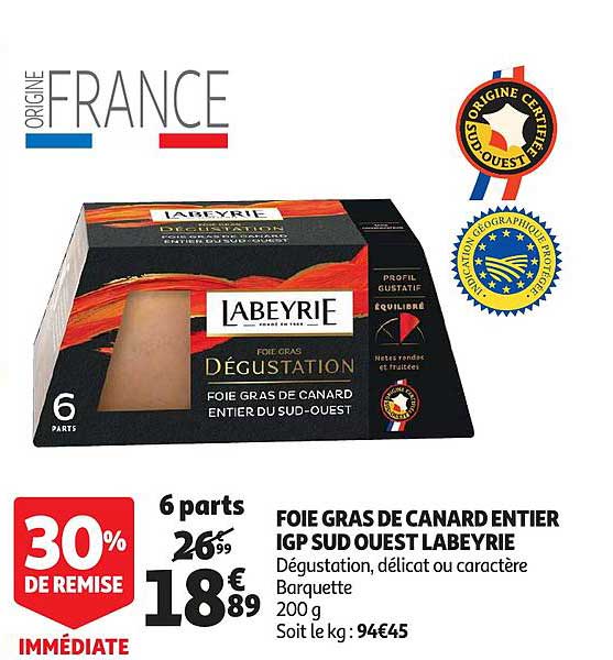 foie gras de canard entier igp sud ouest labeyrie 30% de remise immédiate