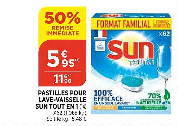 pastilles pour lave vaisselle sun tout en 1 50% de remise immédiate