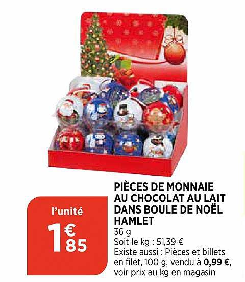 pièces de monnaie au chocolat au lait dans boule de noël hamlet