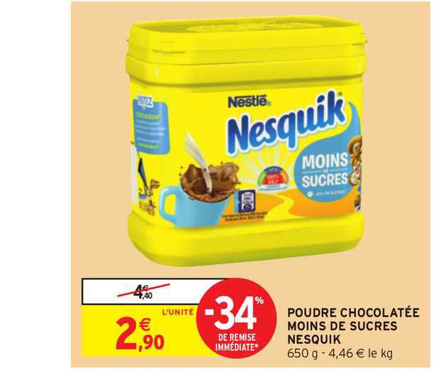 poudre chocolatée moins de sucres nesquik -34% de remise immédiate
