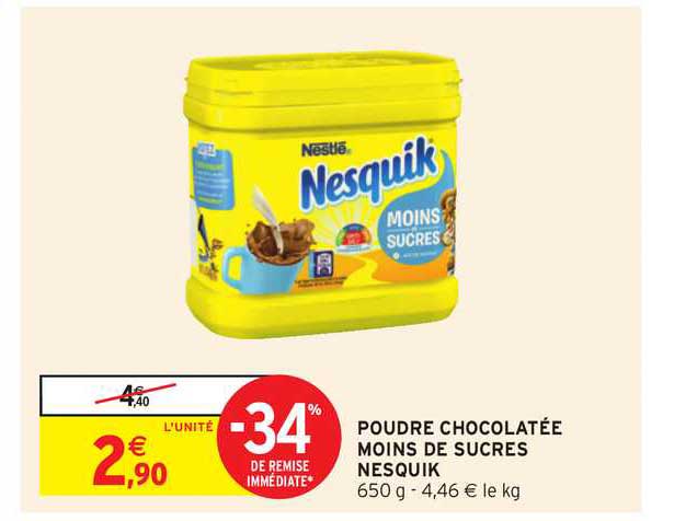 poudre chocolatée moins de sucres nesquik -34% de remise immédiate