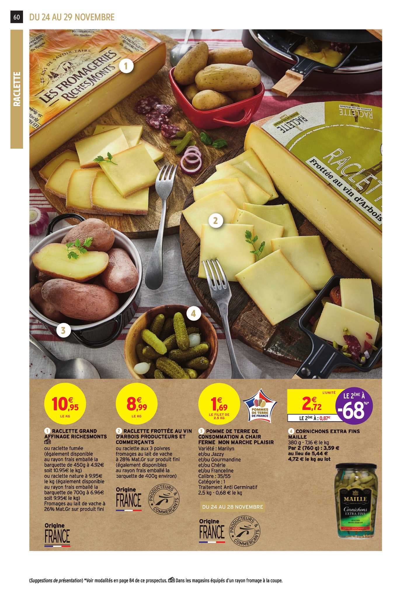raclette richesmonts, raclette, pomme de terre mon marché plaisir, cornichon maille