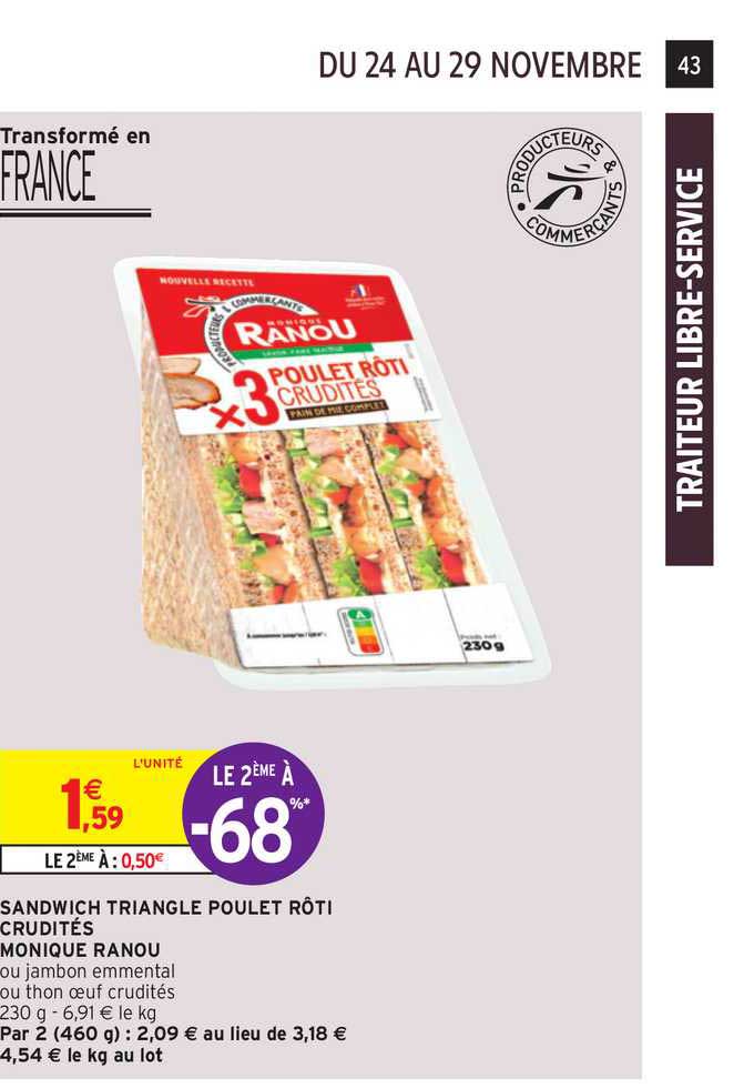 sandwich triangle poulet rôti crudités monique ranou