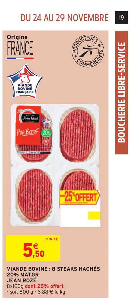 viande bovine 8 steaks haché 20% m.g. jean rozé