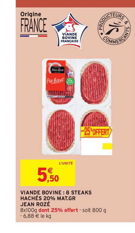 viande bovine 8 steaks hachés 20% m.g. jean rozé