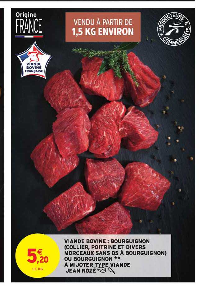 viande bovine bourguignon collier poitrine et divers morceaux sans os à bourguignon ou bourguignon à mijoter type viande jean rozé
