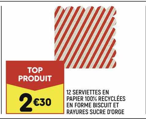 12 serviettes en papier 100% recyclées en forme biscuit et rayures sucre d'orge