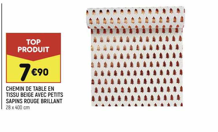 chemin de table en tissu beige avec petits sapins rouge brillant