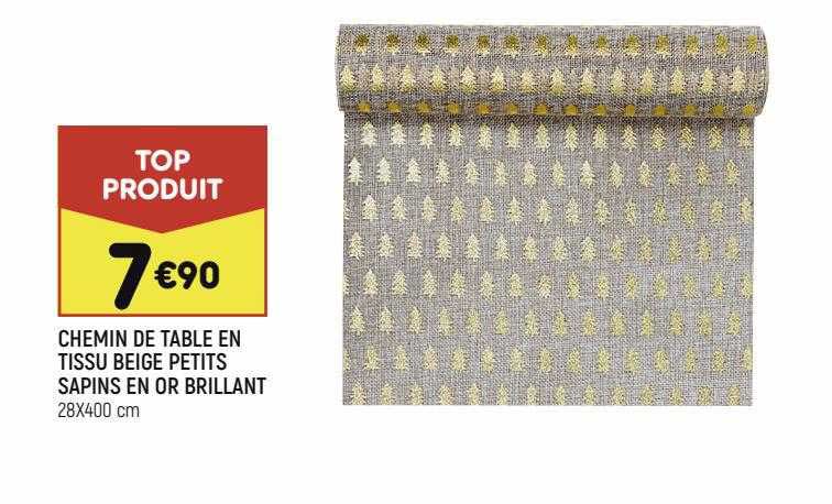 chemin de table en tissu beige petits sapins en or brillant