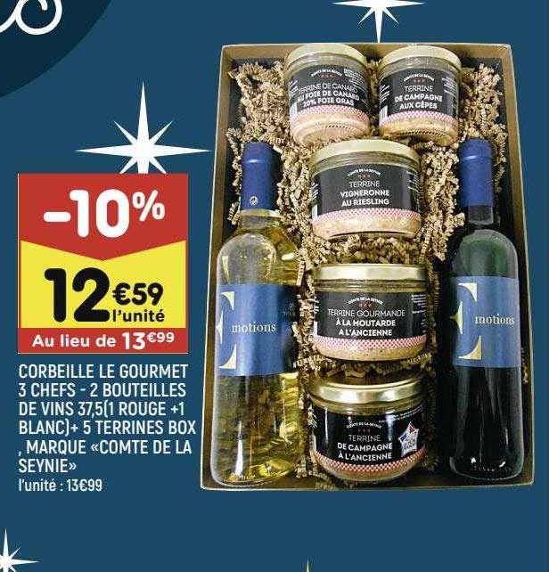 corbeille le gourmet 3 chefs - 2 bouteilles de vins 37,5 ( 1 rouge + 1 blanc) + 5 terrines box, marque «comte de la seynie»
