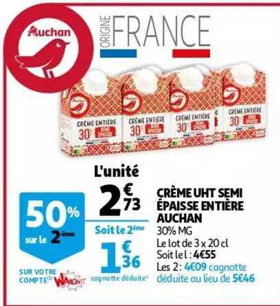 crème uht semi épaisse entière auchan