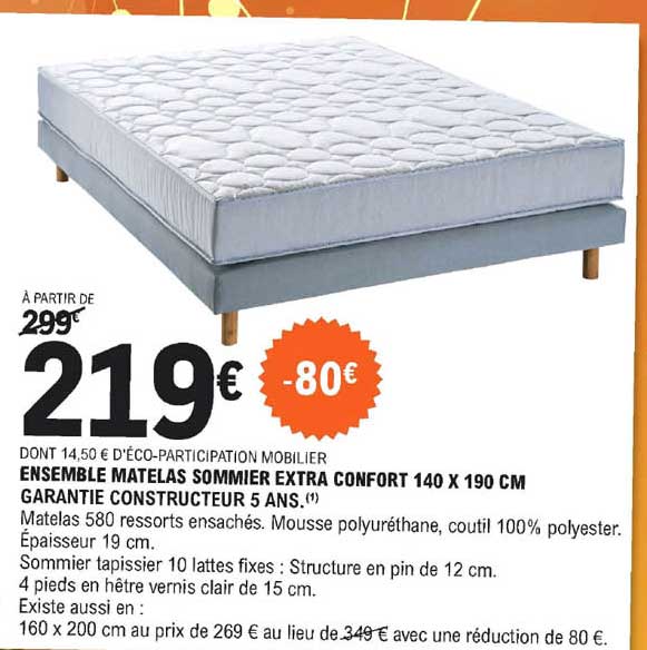 Ensemble Matelas Sommier Extra Confort 140 X 190 Cm