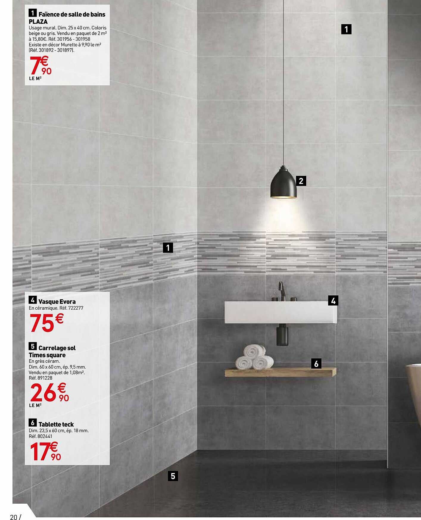 faïence de salle de bains plaza, vasque evora, carrelage sol times square, tablette teck