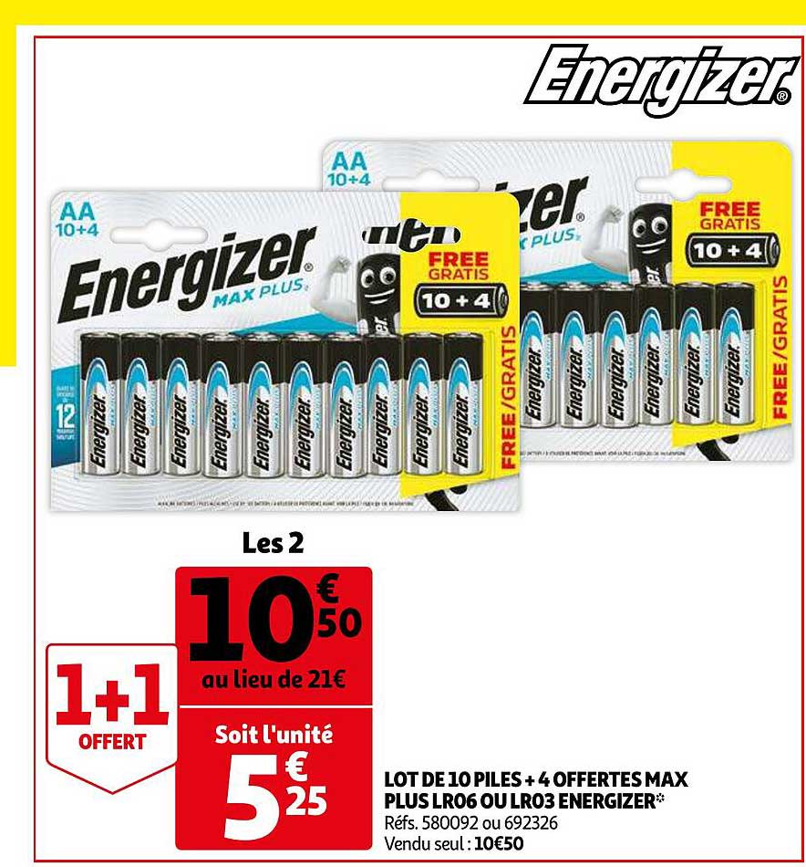lot de 10 piles + 4 offertes max plus lr06 ou lr03 energizer