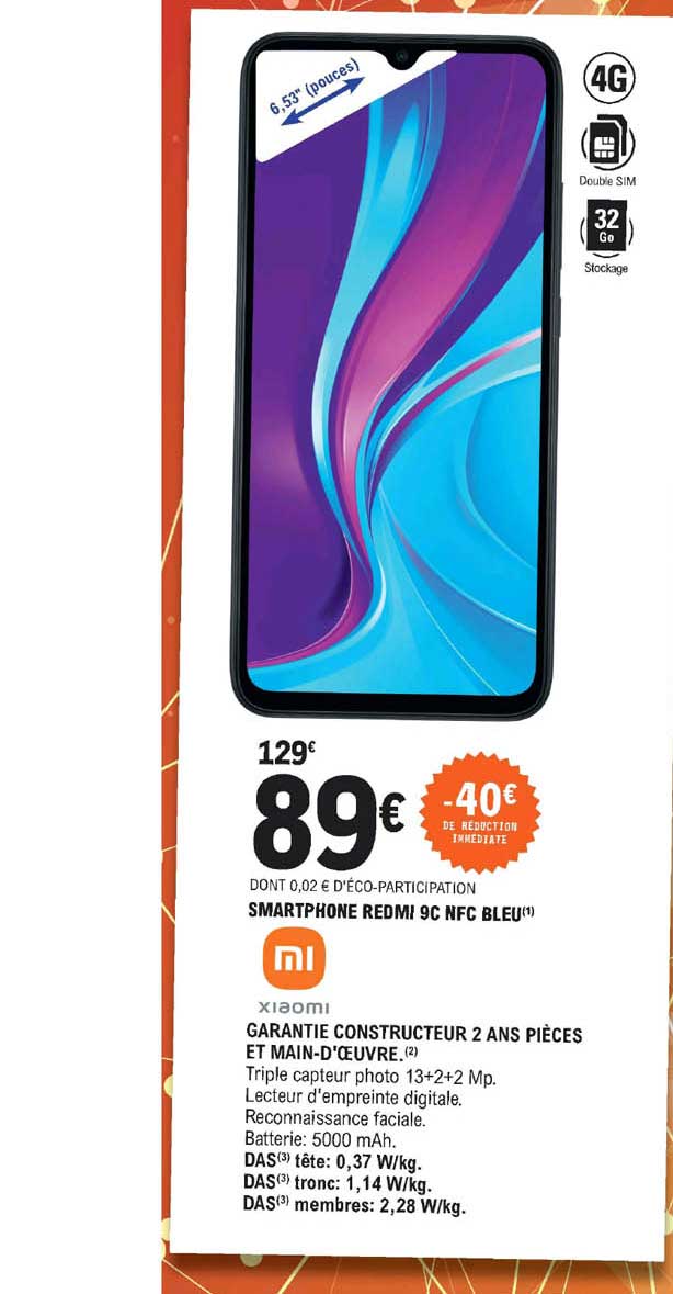 smartphone redmi 9c nfc bleu xiaomi