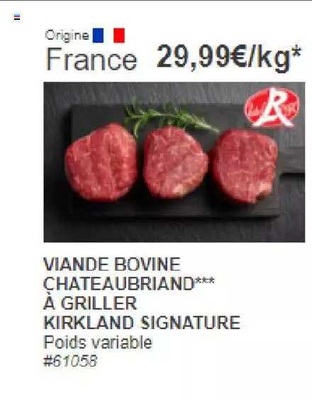 viande bovine : châteaubriand à griller kirkland signature