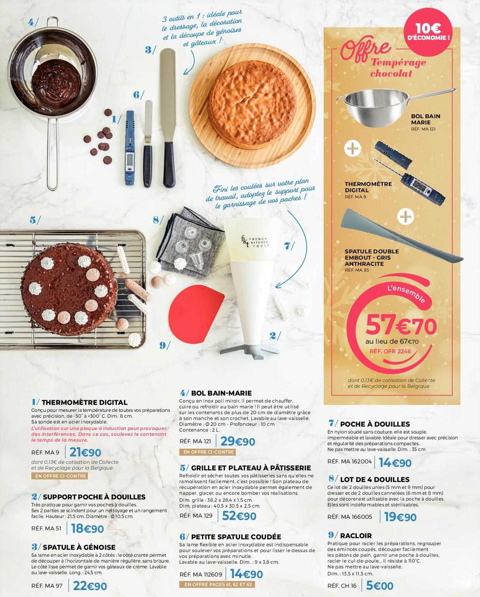 thermomètre digital, support poche à douilles, spatule à génoise, bol bain-marie, grille et plateau à pâtisserie, petite spatule coudée, poche à douilles, lot de 4 douilles, racloir