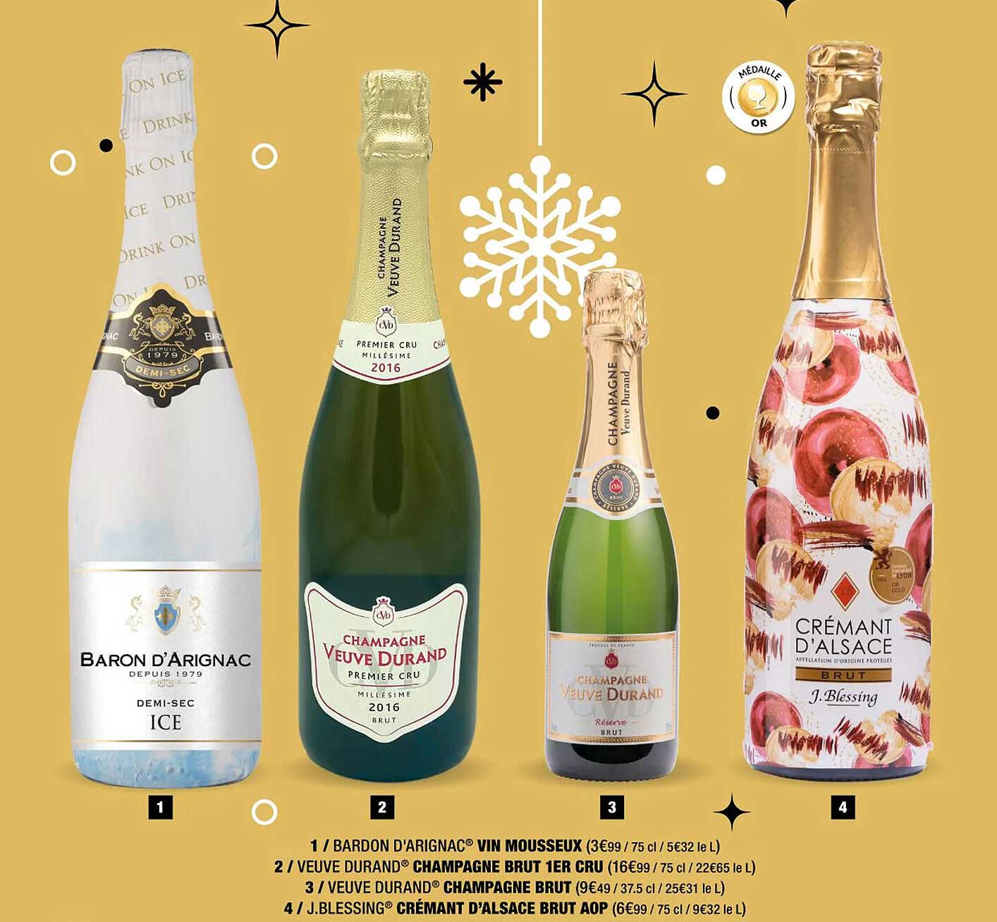 vin mousseux baron d'orignac, champagne brut 1er cru veuve durand, champagne brut veuve durand, crémant d'alsace brut aop j.blessing