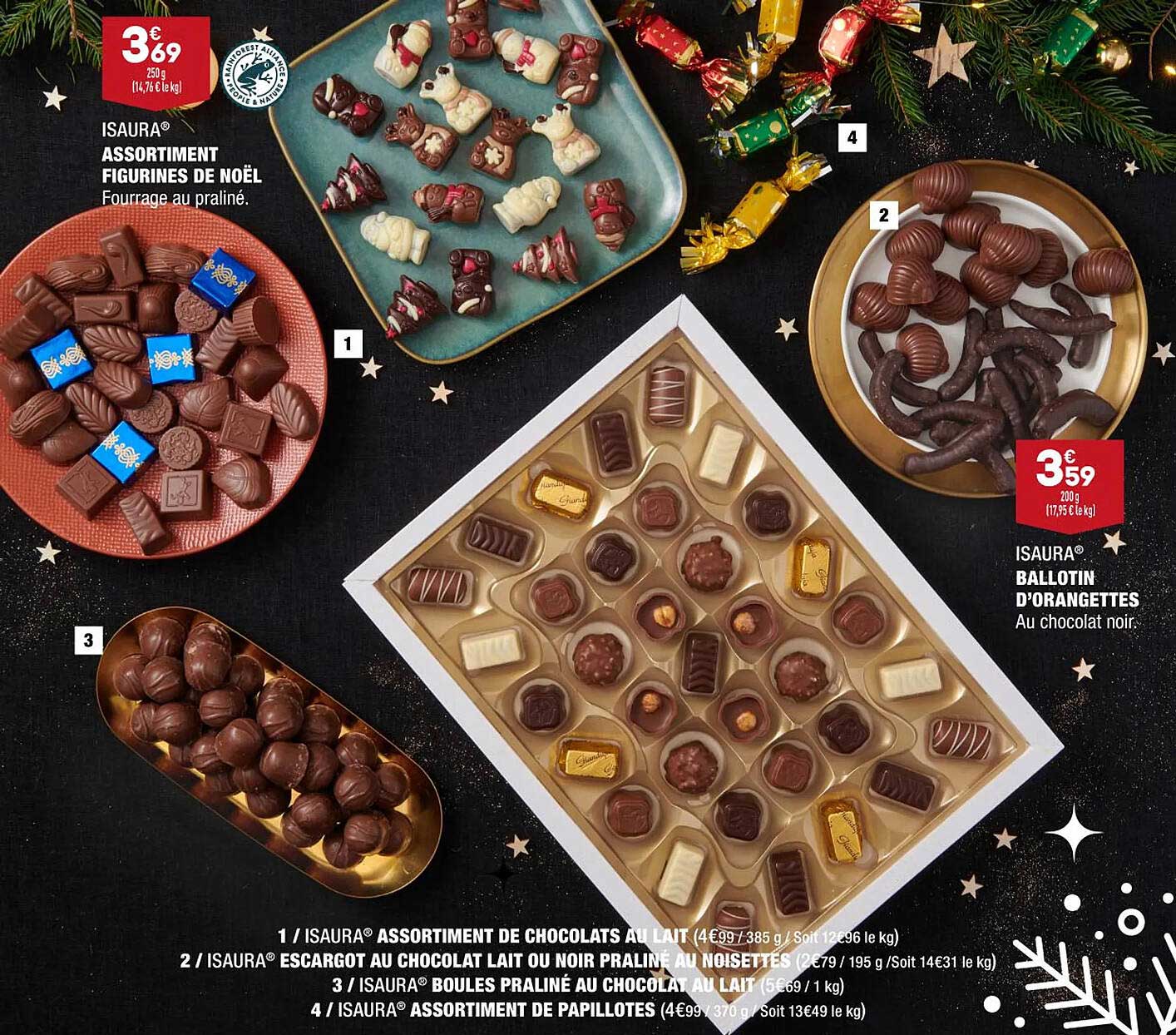 assortiment de chocolats au lait isaura, escargot au chocolat lait ou noir praliné au noisettes isaura, boules praliné au chocolat au lait isaura, assortiment de papillotes isaura