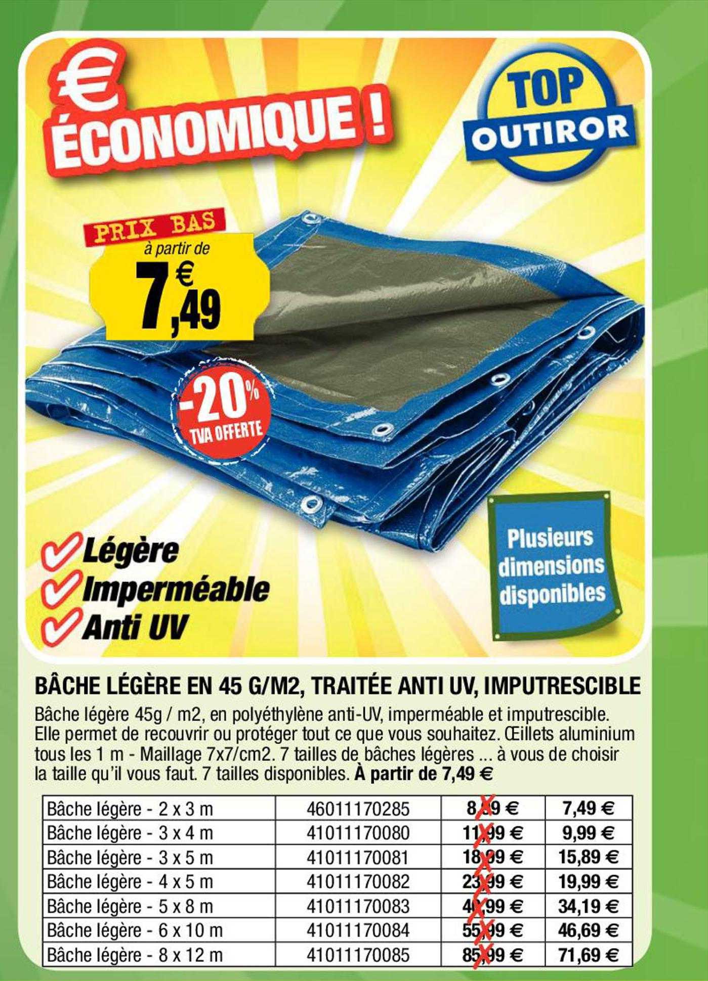 bâche légère en 45 gr-m², traitée anti uv, imputrescible