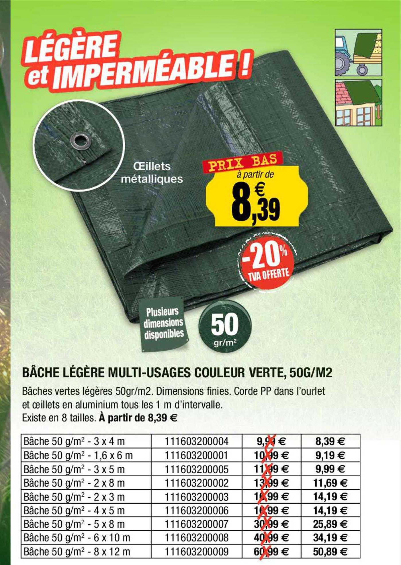bâche légère multi-usages couleur verte, 50g-m²