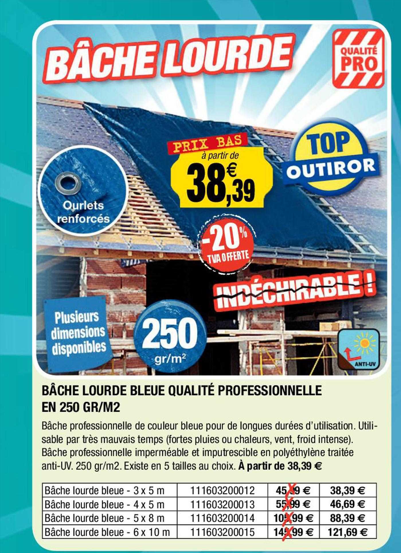 bâche lourde bleue qualité professionnelle en 250 gr-m²