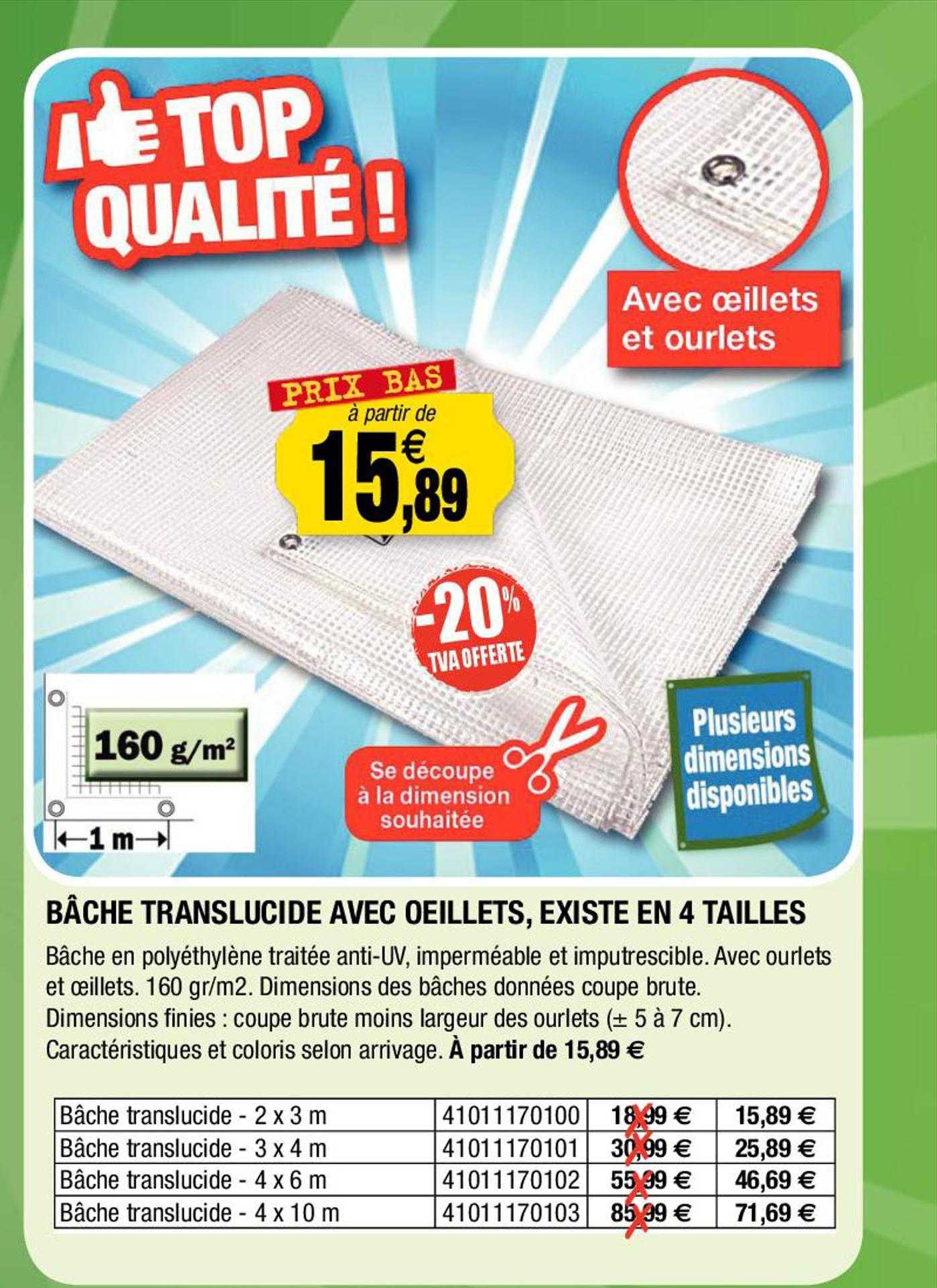 bâche translucide avec œillets, existe en 4 tailles