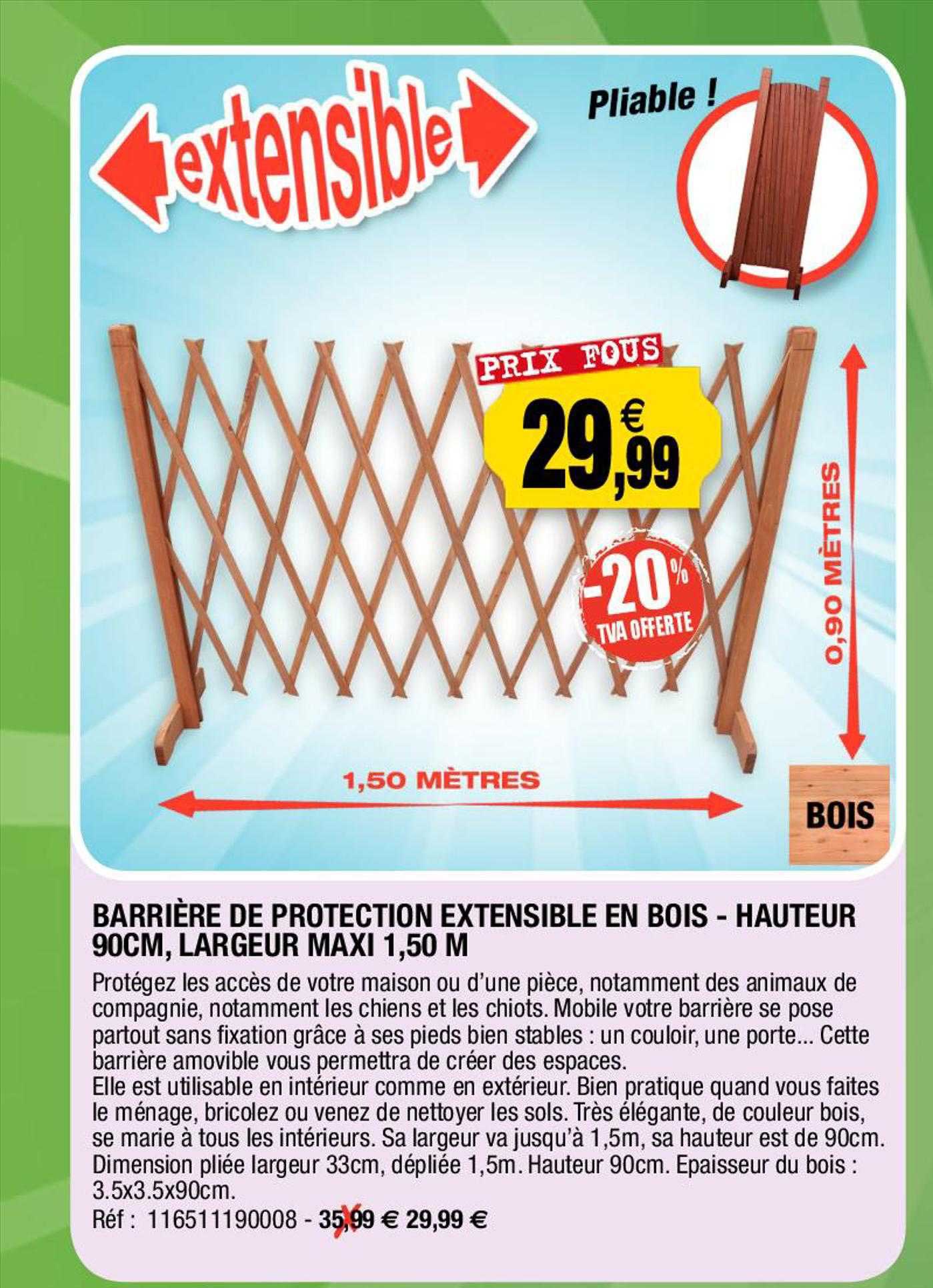 barrière de protection extensible en bois - hauteur 90 cm, largeur maxi 1,50 m