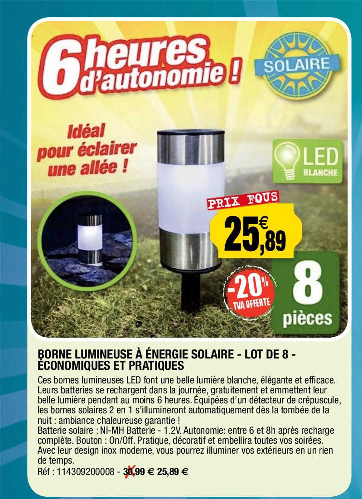 borne lumineuse à énergie solaire - lot de 8 - économiques et pratiques
