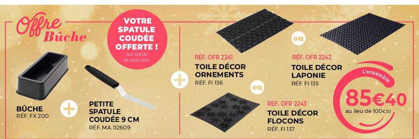 bûche, petite spatule coudée 9 cm, toile décor ornements, toile décor laponie, toile décor flocons