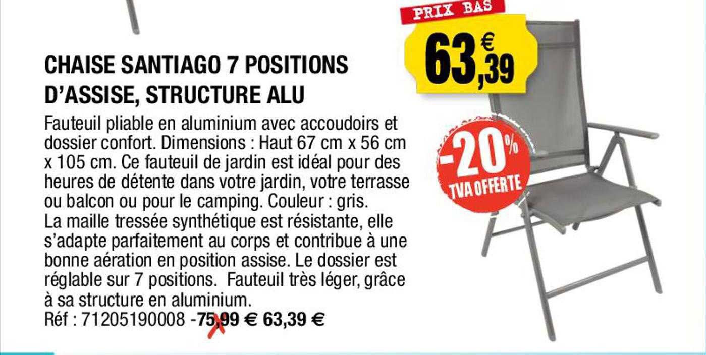 chaise santiago 7 positions d'assise, structure alu