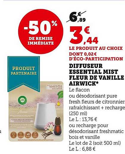 diffuseur essential mist fleur de vanille airwick