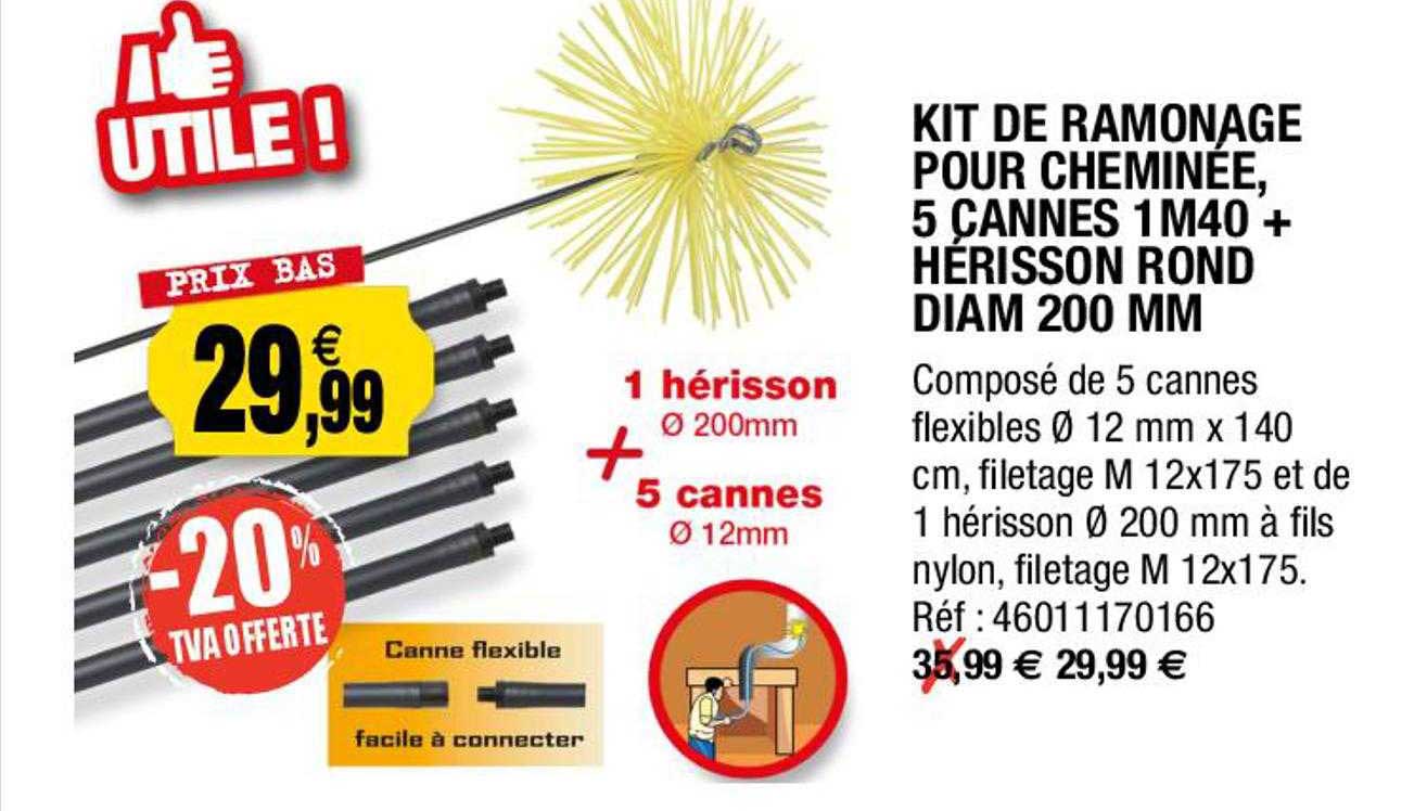 kit de ramonage pour cheminée, 5 annes 1m40 + hérisson rond diam 200 mm