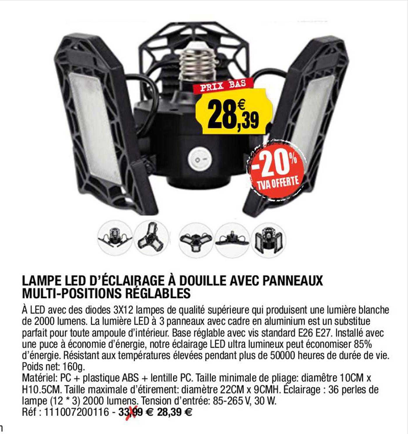 lampe led d'éclairage à douille avec panneaux multi-positions réglables