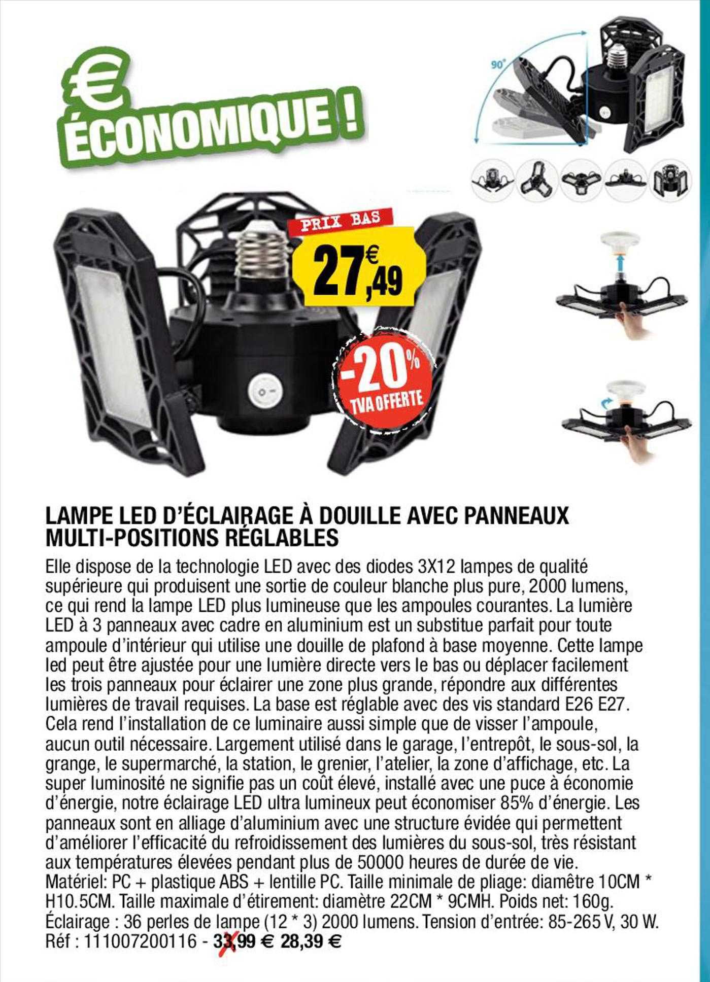 lampe led d'éclairage à douille avec panneaux multi-positions réglables