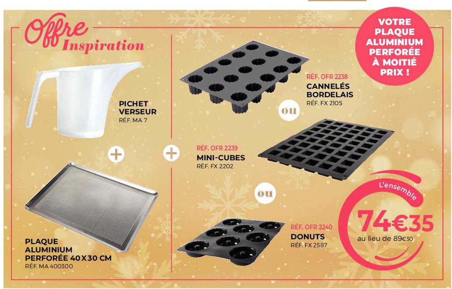 pichet verseur, plaque aluminium perforée 40 x 30 cm, mini-cubes, donuts, cannelés bordelais